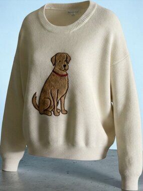 Threaded Leaf Golden Retriever Dog Embroidered Knit Crewneck Sweater Cream XL